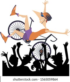 Cartoon man rides a bike and wins the race isolated illustration. Cyclist wins a race and is tossed up at the finish by fans hands isolated on white 

