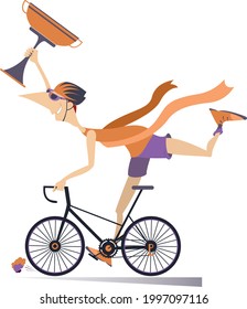 Cartoon man rides a bike and wins the race illustration. Smiling man in helmet rides a bike and finishes with a winner ribbon and a cup in the hand isolated on white