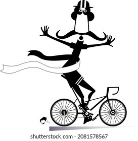 Cartoon man rides a bike and wins the race illustration. 
Funny long mustache man in helmet rides a bike and finishes with a winner ribbon black on white

