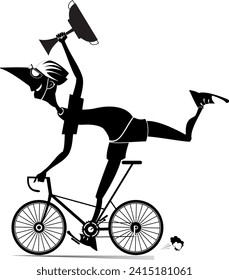 Cartoon man rides a bike and wins the race. 
Smiling man in helmet rides a bike and finishes with a winner cup in the hand. Black and white illustration
