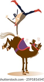 Cartoon man rides horse. 
Funny farmer or cowboy balances on one hand on the back of the horse
