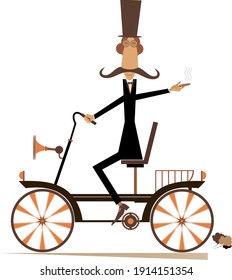 Cartoon man rides a retro bike isolated illustration. Long mustache gentleman in the top hat rides a retro bike, smokes a cigar and looks healthy and happy
