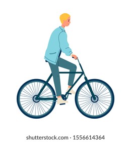 Cartoon man riding a bicycle isolated on white background - happy young guy during leisure activity on a bike. Modern urban transportation - flat vector illustration.