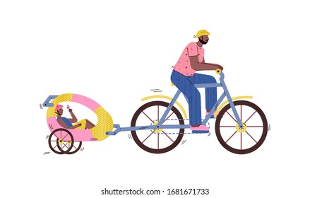 Cartoon man riding bicycle with little boy sitting in child bike trailer