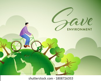 Cartoon Man Riding a Bicycle on Green Earth Globe Background for Save Environment Concept.