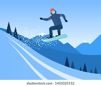 Cartoon man riding a snowboard, snowboarder doing a high jump mid air on a snow slope before mountain hills and blue sky, extreme winter sport - flat hand drawn vector illustration