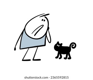 Cartoon man, rightened superstitious stickman stands and looks at the black cat. Vector illustration of an animal crossing the road, bad luck. Doodle character isolated on white background.