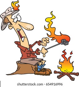 cartoon man roasting marshmallows with his hat and food on fire