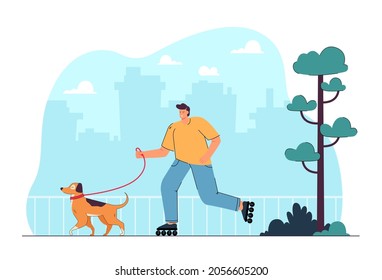 Cartoon man in roller skates walking dog in city park. Male character roller skating outside with puppy on leash flat vector illustration. Outdoor activity, pets concept for banner or landing web page