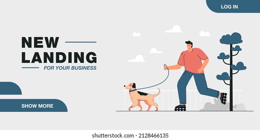 Cartoon man in roller skates walking dog in city park. Male character roller skating outside with puppy on leash flat vector illustration. Outdoor activity, pets concept for banner or landing web page