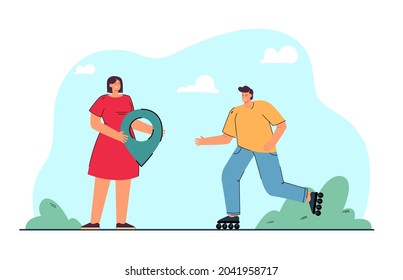 Cartoon man roller skating towards woman with location pin. Couple meeting at destination flat vector illustration. Transportation, communication concept for banner, website design or landing web page