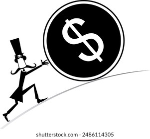 Un hombre de caricaturas lanzando una moneda de un dólar. Éxito en los negocios. Apostar. Lotería.
Hombre bigote largo de la historieta en el sombrero superior rodando una moneda de dólar. Ilustración en blanco y negro
