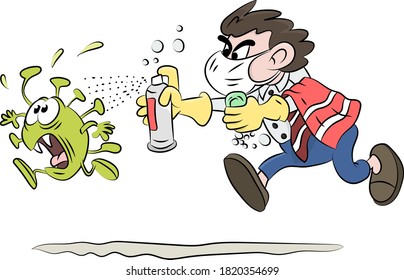 Cartoon man running after corona virus with soap and disinfectant in his hands vector illustration - Shutterstock ID 1820354699