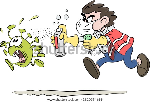 コロナウイルスを追いかけ 石鹸と消毒剤を手にした漫画の男性のベクターイラスト のベクター画像素材 ロイヤリティフリー