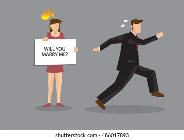 Cartoon man running away from woman holding a card sign saying, will you marry me? Cartoon vector illustration on fear of man for marriage commitment concept isolated on grey background.