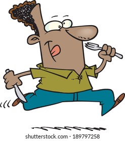 cartoon man running with a fork and knife