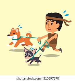 Cartoon a man running with his dogs