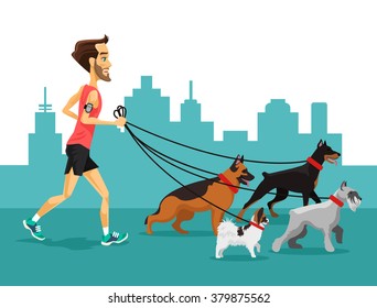 Cartoon man running with his dogs. Vector flat illustration