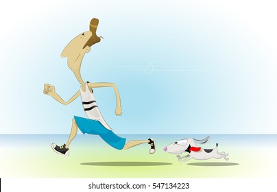 Cartoon Man Running With His Little Dog. Sport Concept Illustration. Vector