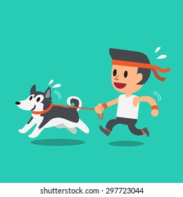 Cartoon man running with his siberian husky dog