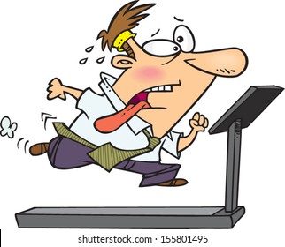 Hombre de caricatura corriendo sobre una cinta rodante en la oficina