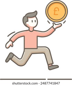 Cartoon Man Running with Pound Coin Illustration