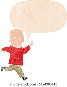 cartoon man running with speech bubble in grunge distressed retro textured style