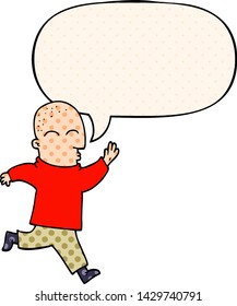 cartoon man running with speech bubble in comic book style