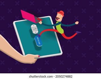 A cartoon man runs with a laptop in his hand across the tablet screen. Vector banner