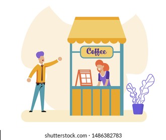 Cartoon Man and Saleswoman at Coffee-Box Illustration. Vector Guy Making Order Hot Drink or Declare Love. Friendly Smiling Woman Writing Menu Notes. Love from First Sight. Vector Illustration
