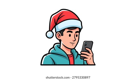 Cartoon man in Santa hat using phone