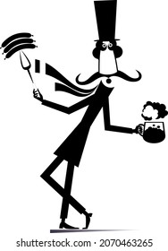 Cartoon man, sausages and big beer mug illustration. 
Funny long mustache man in the top hat holds a fork with sausages and a beer mug black on white
