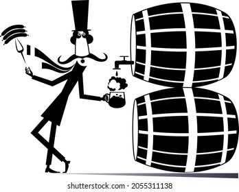 Cartoon man, sausages and big tuns of beer illustration. 
Funny long mustache man in the top hat holds a fork with sausages and pours beer from the tun into the beer mug black on white
