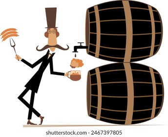 Cartoon man, sausages and big tuns of beer. 
Funny long mustache man in the top hat holds a fork with sausages and pours beer from the tun into the beer mug 
