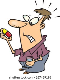 cartoon man scared of a giant pill