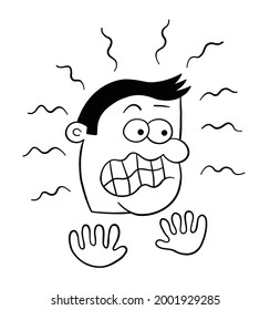 Cartoon man so scared, vector illustration. Black outlined and white colored.