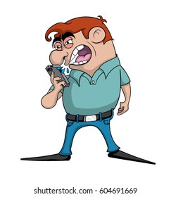 Cartoon man screaming at his smart phone