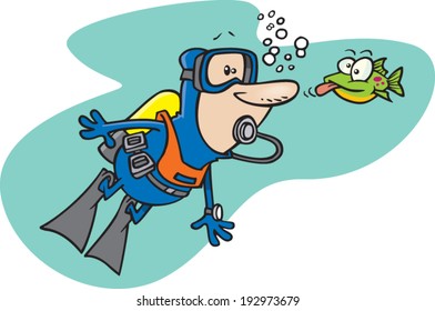 cartoon man scuba diving