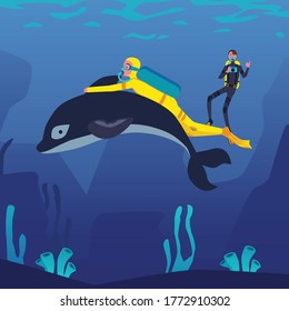 Cartoon man scuba diving with dolphin underwater - diver in yellow costume with oxygen tank holding fish fin and swimming. Flat vector illustration.