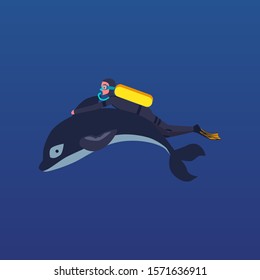 Cartoon man scuba diving while holding dolphin fin isolated on blue background - diver in uniform swimming underwater with sea animal. Flat vector illustration