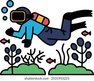 Caricatura de un hombre en traje de buceo buceando bajo el agua. El hombre lleva una camisa azul y pantalones negros. Los peces en el agua son rojos