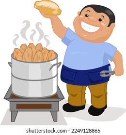 Cartoon of a man selling tamales with a bread in the hand