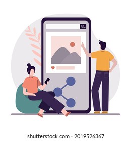 Cartoon man shares picture on social networks. Conception of digital technologies, marketing and social media. Application on mobile phone screen. Share information with people. Vector illustration