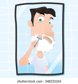 cartoon man shaving his beard with a razor