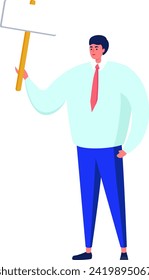 Cartoon man in shirt and tie holding a window squeegee. Office worker with cleaning tool. Cleanliness at work vector illustration.