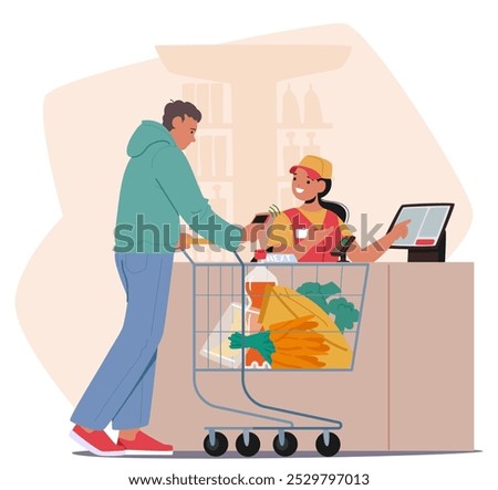 Cartoon Man with Shopping Cart Filled With Fresh Vegetables And Goods Makes Contactless Payment For Groceries At The Checkout Counter Using His Smartphone. Cashier Character Smiles While Assisting Him