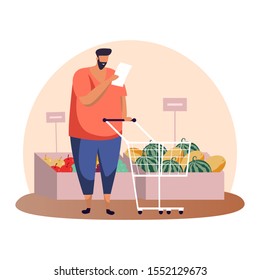 Cartoon Man With Shopping List And Cart Or Trolley. Flat Or Simple Male Near Fruit Counter Or Showcase At Mall Or Shop, Store Or Supermarket. Buyer At Grocery Selection And Product Or Buying List