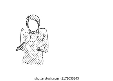 Cartoon of man shoulder shrugging after seing viral video. Guess what. Vector illustration design
