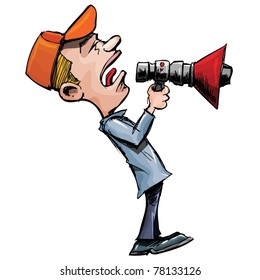 Cartoon man shouts through a megaphone. Isolated on white