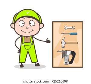 Cartoon Man Showing Many Tools to Choose Vector Concept